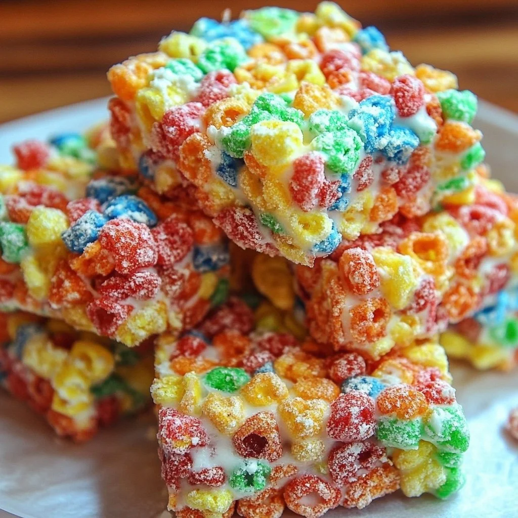 Colorful Fruity Pebbles treats displayed on a plate
