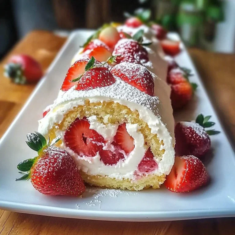 Delicious homemade Strawberry Swiss Roll dessert with whipped cream and fresh strawberries.